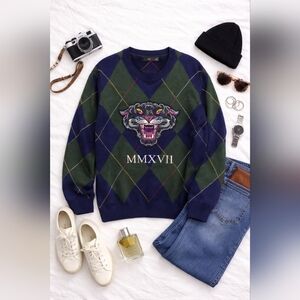 HUDSON OUTERWEAR Green Argyle NWT L Sleeve Tiger Design Sweater. Mens 2xl